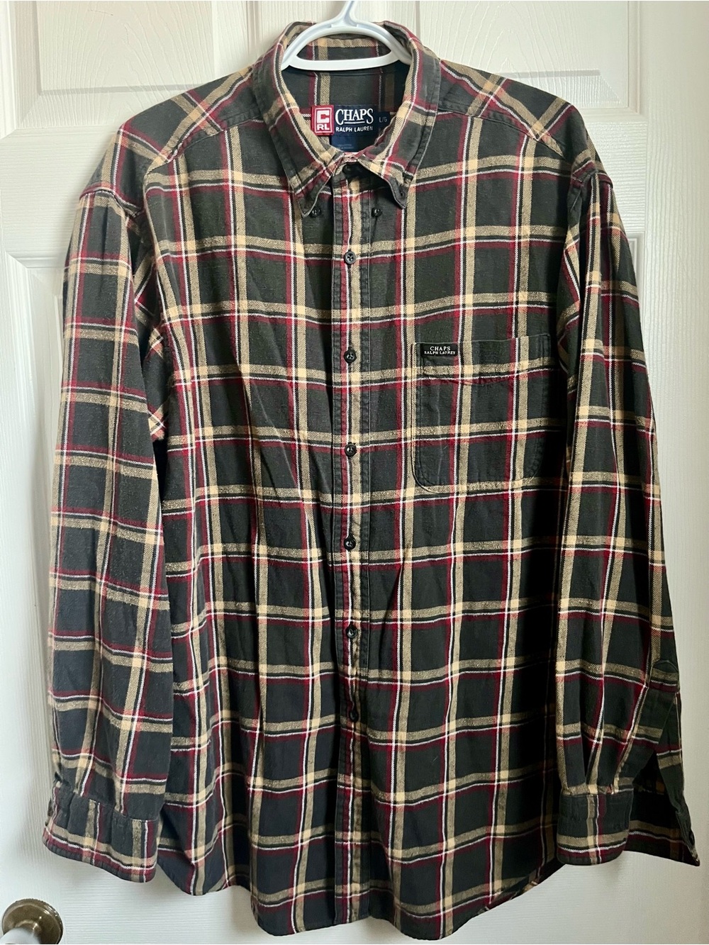 Vintage Chaps Ralph Lauren Plaid Flannel Button Down Shirt Brown Red Large Y2K